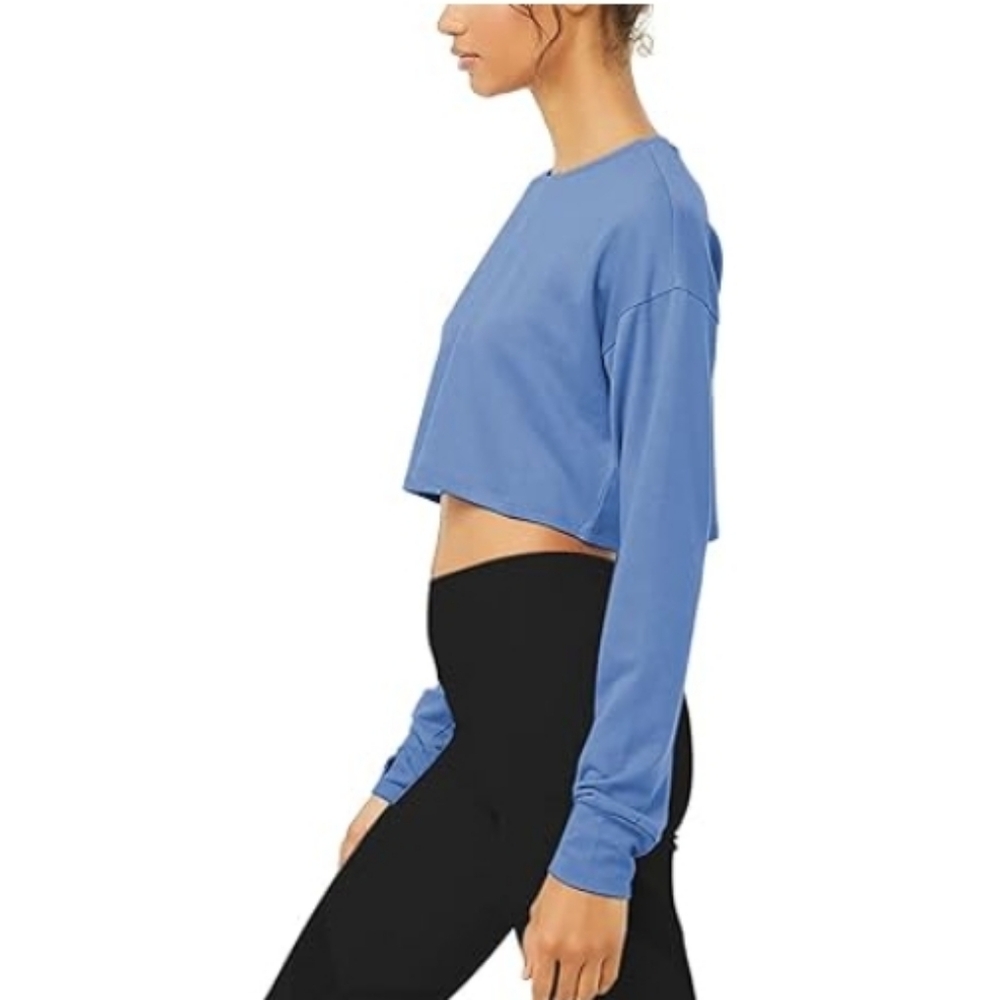Bestisn Long Sleeve Crop Sweatshirt Top with Thumb Hole Blue - Picture 3 of 5